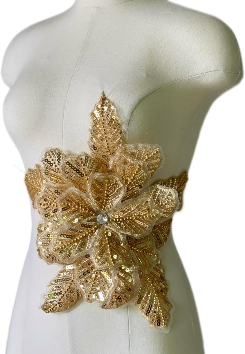 JRYYR Handmade Rhinestone lace Appliques, Sequin Flower Patches, Sewing Beaded Appliques for Dresses, Wedding Dresses, Bags and Other DIY Decorative Accessories (Gold-08) - Image 3